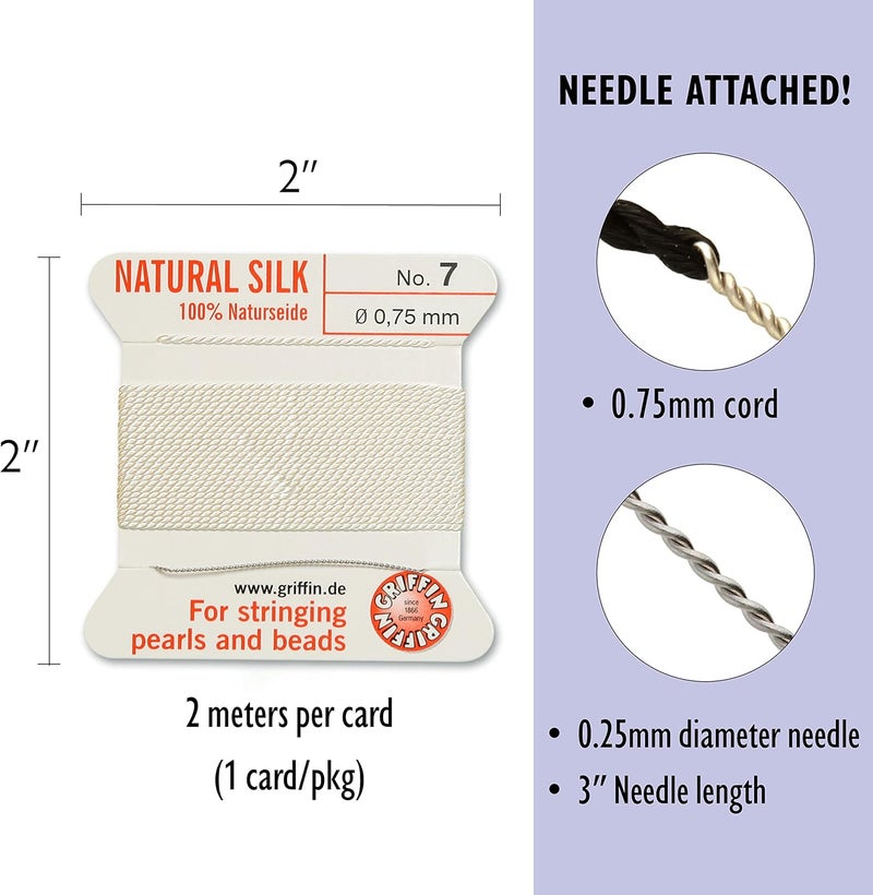 Griffin Silk Bead Cord Perlseide – White Color – Size 7 (0.75mm) – 2 Meters per Card – Stainless Steel Needle Attached – for Knotting Pearls, Gemstones, Crystals and Beads - Image 4